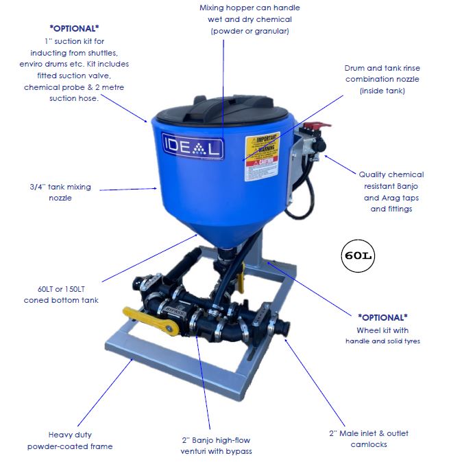 Ideal 60L Chemical Mixing Hopper Banjo Venturi Granny Pot Vat